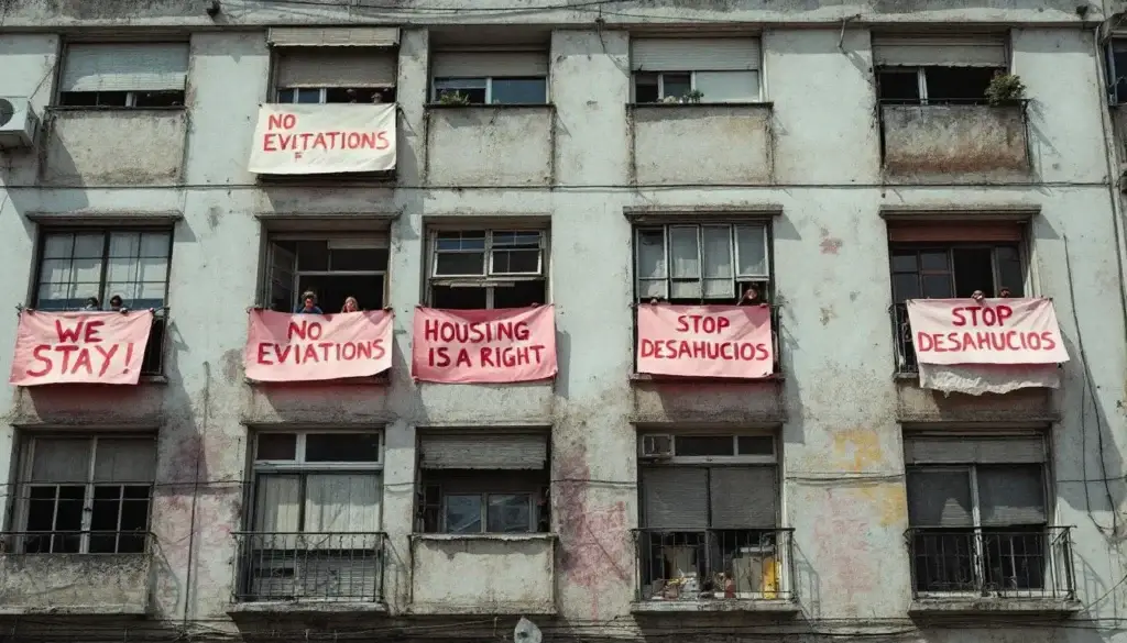 pancartas contra desahucios en edificio ocupado, reflejando los trucos para echar a un inquilino que no paga y el conflicto por el impago de alquiler